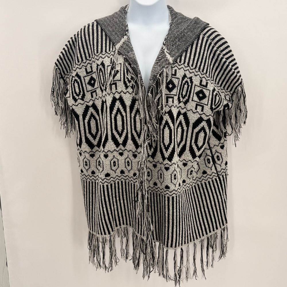 Fringe Knit Boho Tribal Cardigan Kimono Black White Cozy Layering Sweater Large